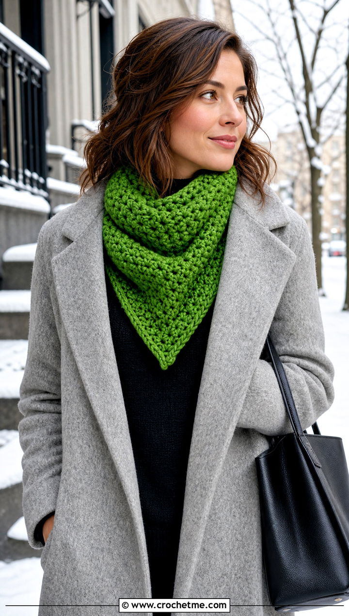 Chunky Triangle Crochet Scarf With Wool Coat - 15 Boho Triangle Crochet Scarf outfit ideas