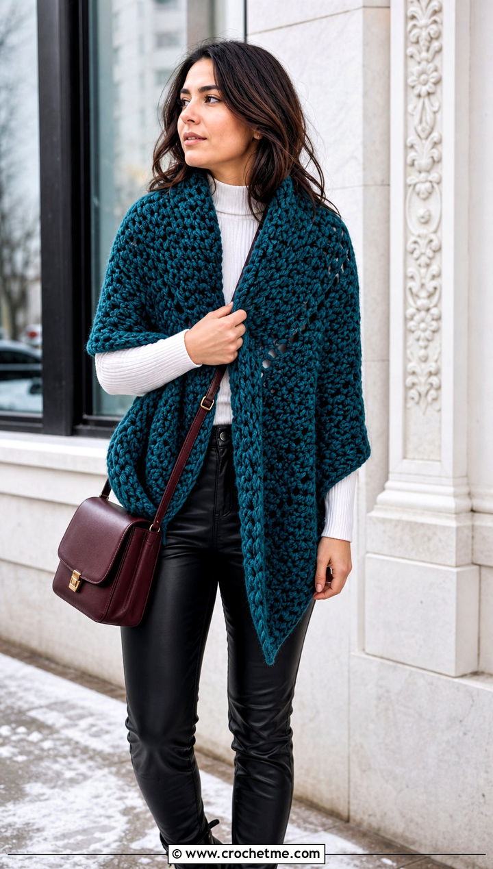 Chunky Triangle Crochet Shawl With Leather Pants - 25 triangle crochet shawls outfit ideas