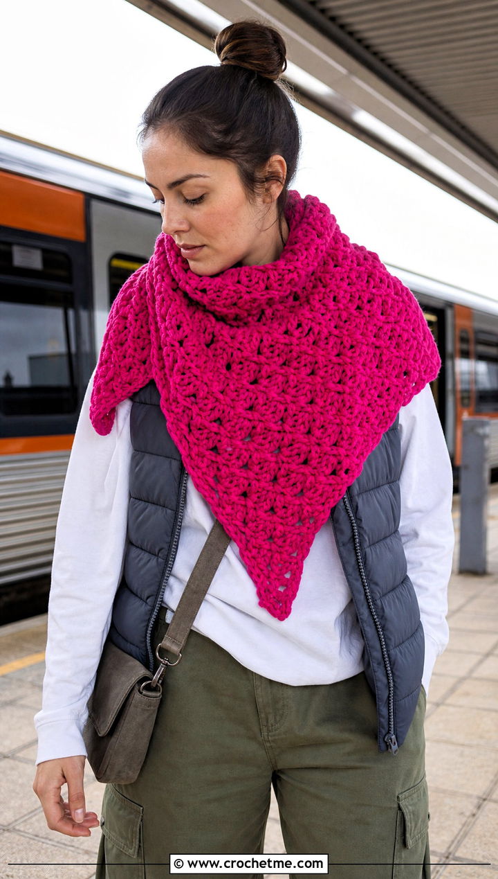 Chunky Triangle Crochet Shawl With Puffer Vest And Cargo Pants - 30 easy triangle crochet shawl outfit ideas