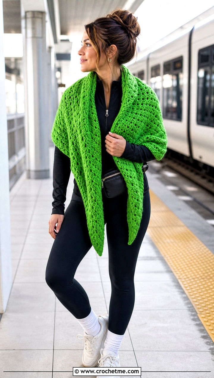 Chunky Triangle Highlander Shawl With Leggings - 20 Crochet Highlander Shawl outfit ideas