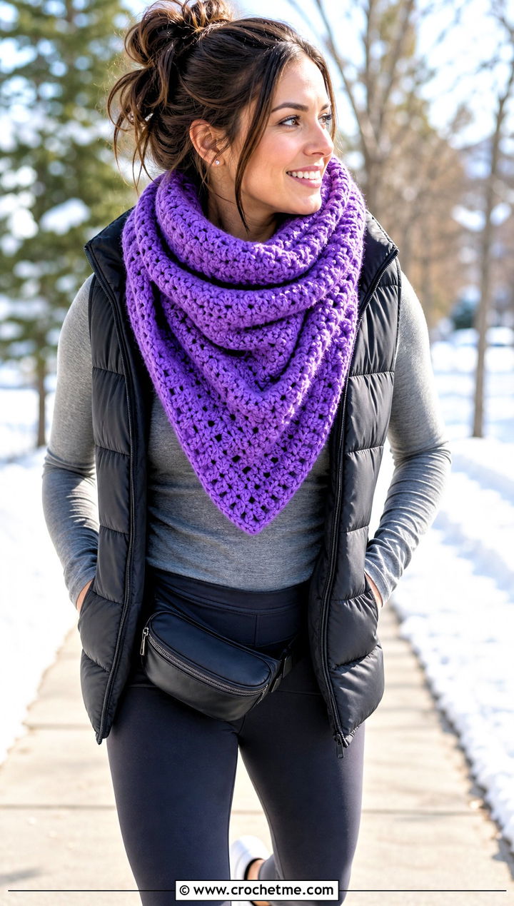 Chunky Triangle Shawl With Leggings And Sneakers - 30 boho crochet shawl outfit ideas