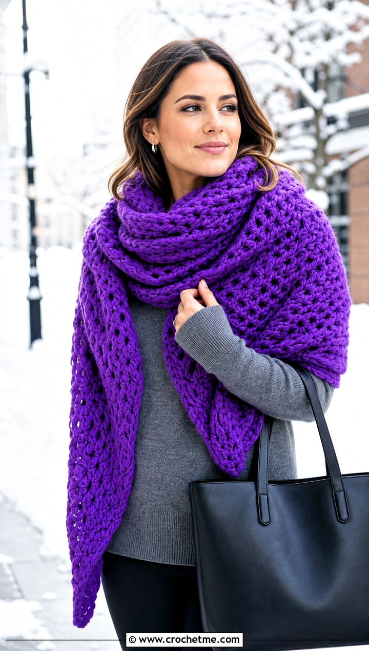 Chunky Triangle Shawl With Sweater And Leggings - 30 easy crochet triangle shawl outfit ideas
