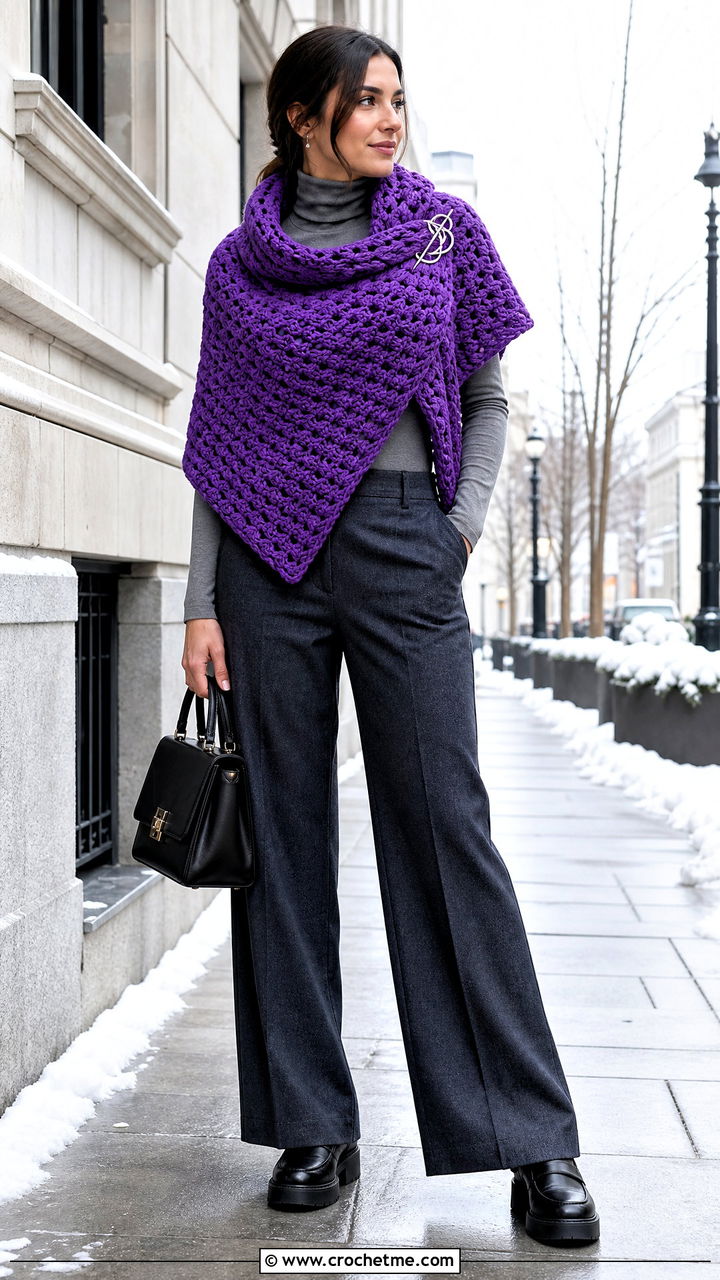 Chunky Triangle Shawl With Wide Leg Trousers - 35 crochet triangle shawl outfit ideas
