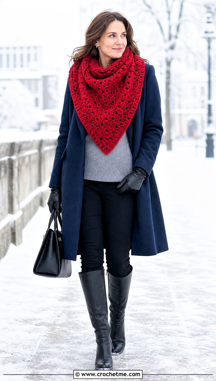 Chunky Triangle Shawl With Wool Coat And Winter Boots - 35 Easy Simple Crochet Triangle Shawl outfit ideas
