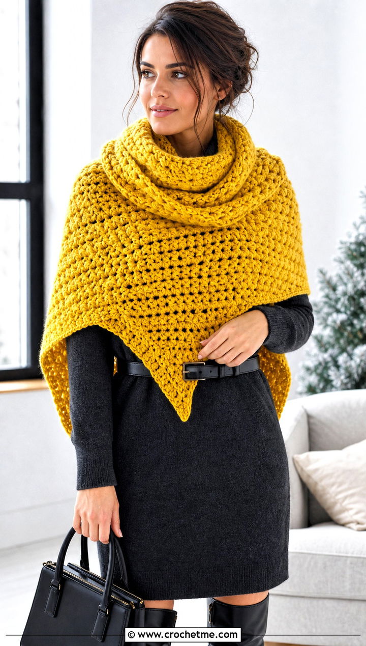 Chunky Triangular Crochet Shawl With Sweater Dress - 25 triangular crochet shawl outfit ideas