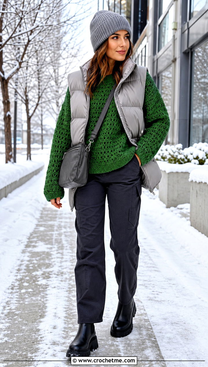 Chunky Triple Crochet Sweater With Puffer Vest - 20 Triple Crochet Sweater outfit ideas