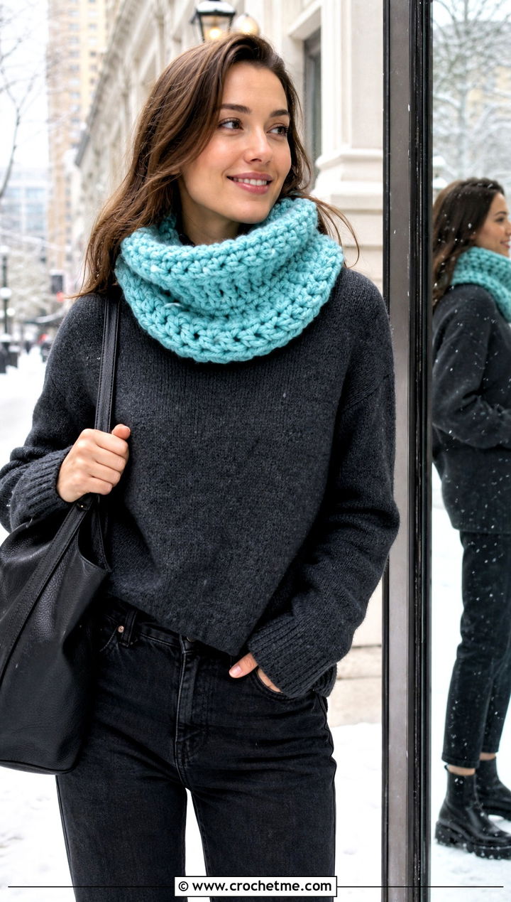 Chunky Tube Cowl With Sweater And Jeans - 15 Cowls To Crochet outfit ideas