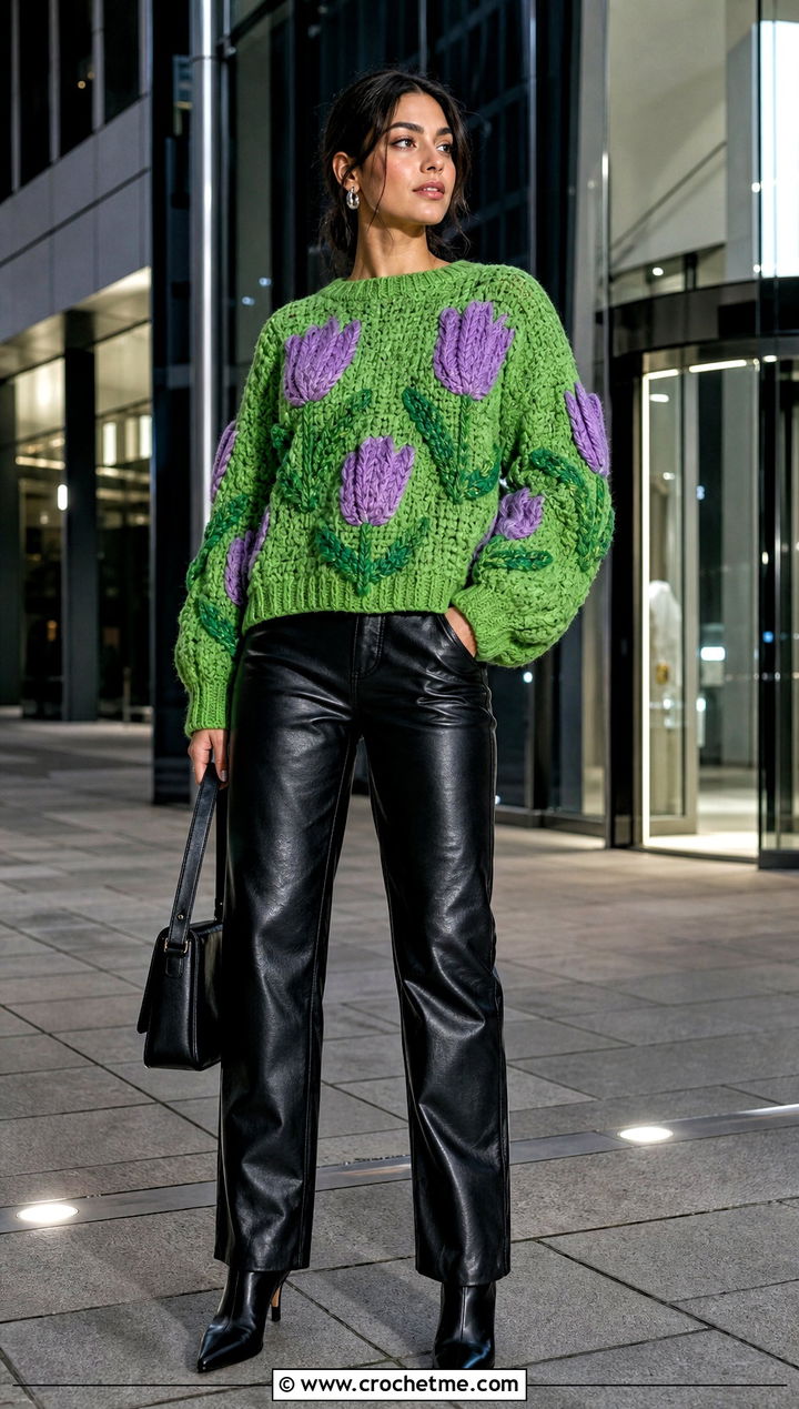 Chunky Tulip Crochet Sweater With Leather Pants - 25 Tulip Crochet Sweater outfit ideas