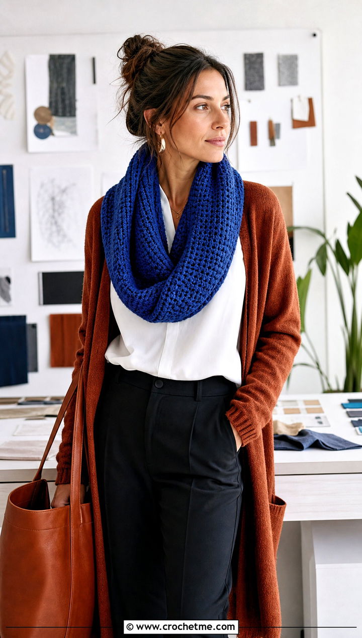 Chunky Tunisian Crochet Cowl With Creative Workwear - 30 chunky crochet cowl outfit ideas