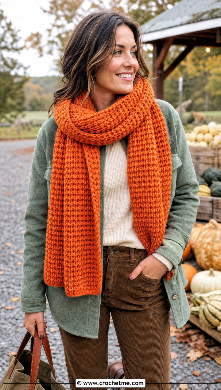Chunky Tunisian Crochet Scarf With Shacket and Corduroy Pants - 20 Easy Tunisian Crochet Scarf outfit ideas
