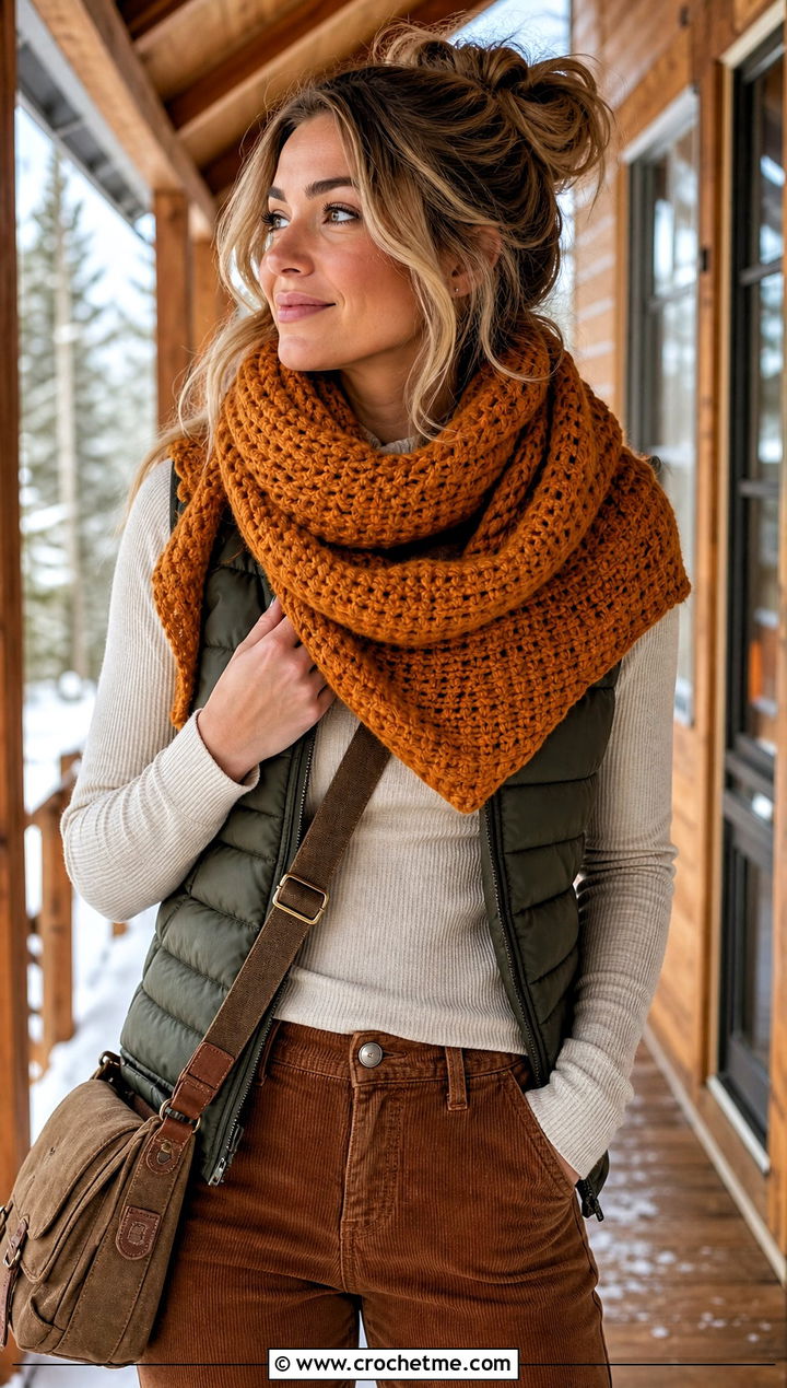 Chunky Tunisian Crochet Triangle Shawl With Puffer Vest - 25 Tunisian Crochet Triangle Shawl outfit ideas