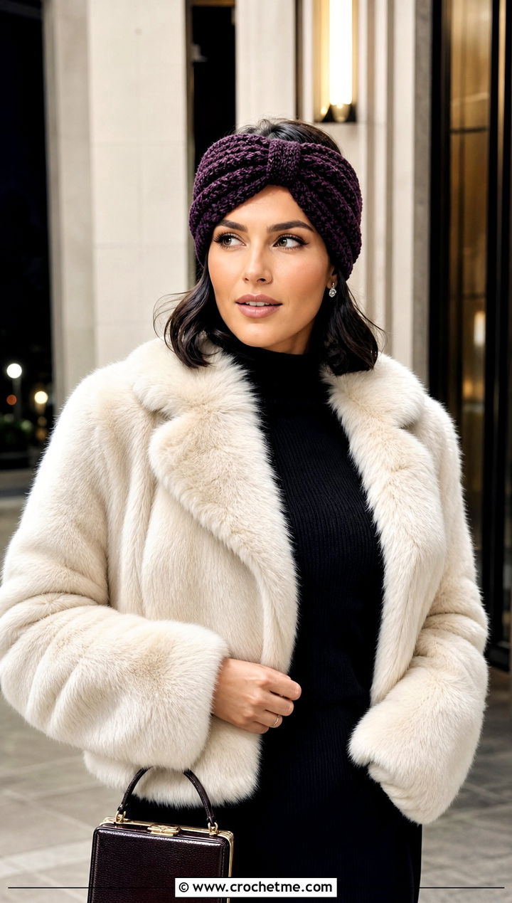 Chunky Turban Crochet Ear Warmer With Faux Fur Coat - 30 chunky yarn crochet ear warmer outfit ideas