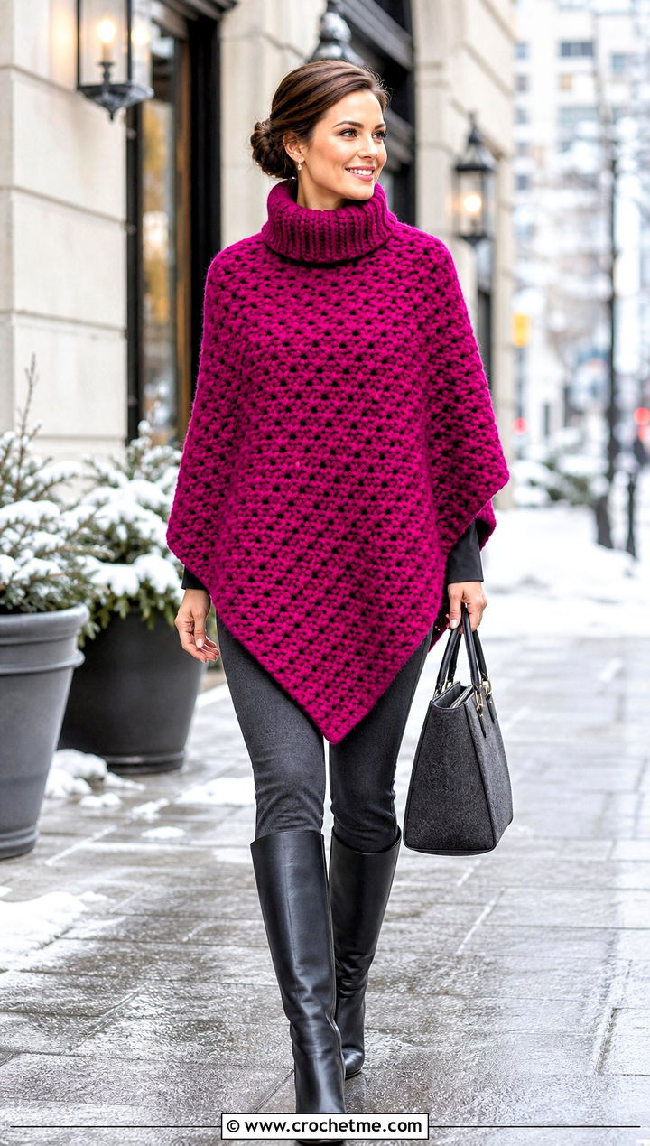 Chunky Turtleneck Corner To Corner Crochet Poncho With Ponte Pants - 15 Corner To Corner Crochet Poncho outfit ideas