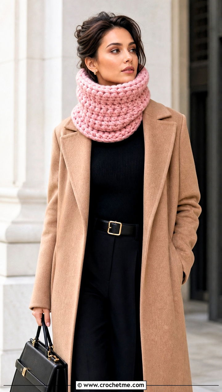 Chunky Turtleneck Crochet Cowl With Wool Coat - 30 chunky crochet cowl outfit ideas