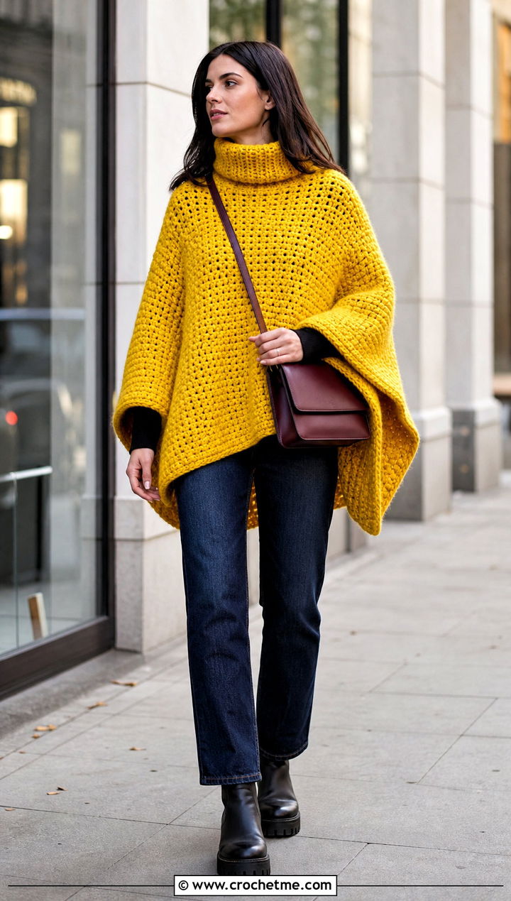 Chunky Turtleneck Crochet Poncho With Straight Jeans - 30 woman winter crochet poncho outfit ideas