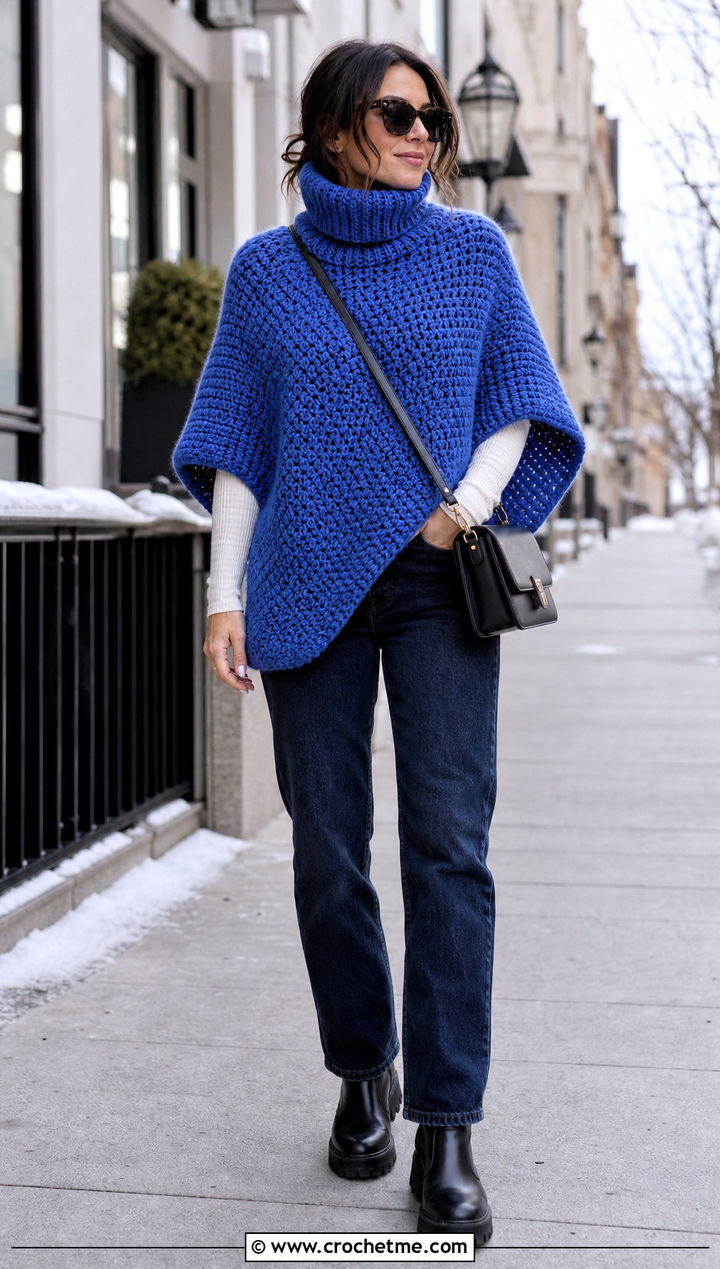 Chunky Turtleneck Crochet Poncho With Straight Leg Jeans - 15 Winter Crochet Poncho outfit ideas