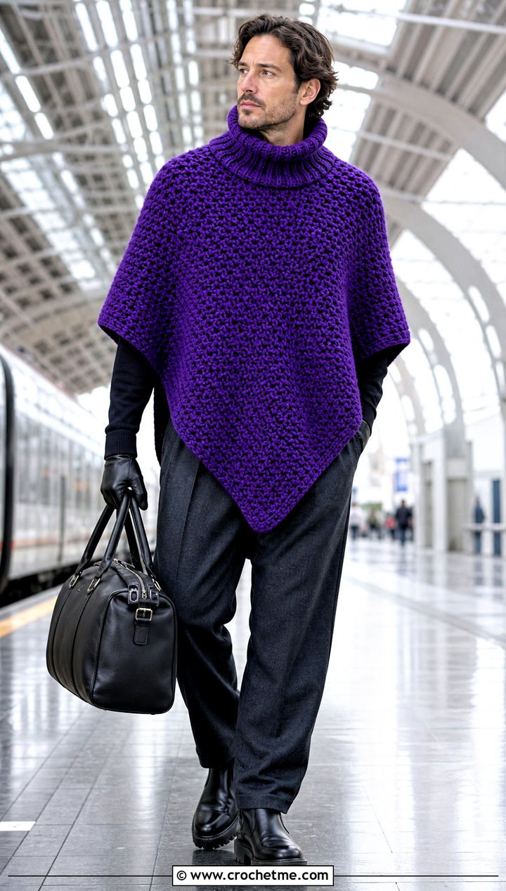 Chunky Turtleneck Crochet Poncho With Wool Trousers - 30 men crochet poncho outfit ideas