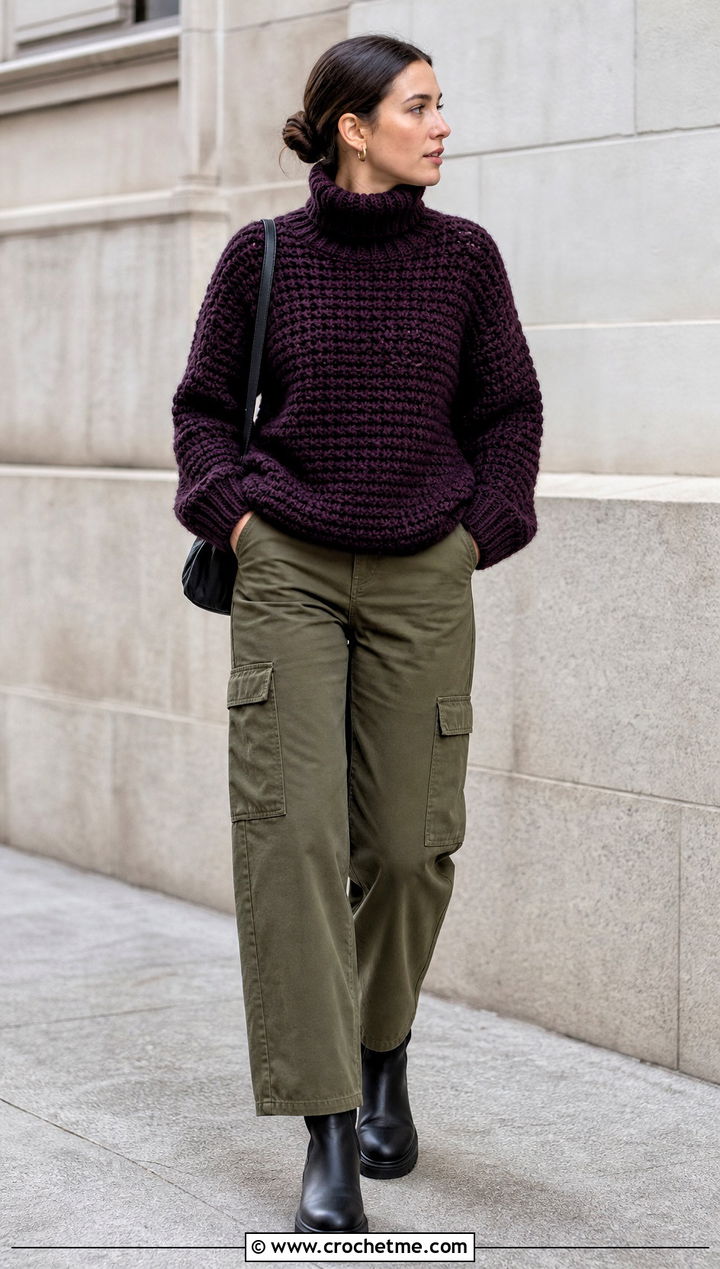 Chunky Turtleneck Crochet Sweater With Cargo Pants - 15 Modern Crochet Sweater outfit ideas
