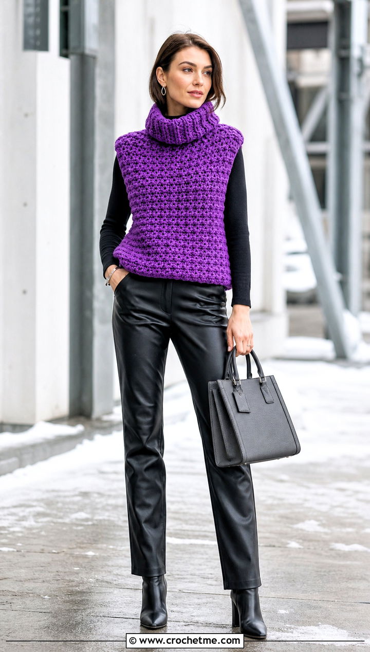Chunky Turtleneck Crochet Vest With Leather Pants - 30 crochet chunky vest outfit ideas