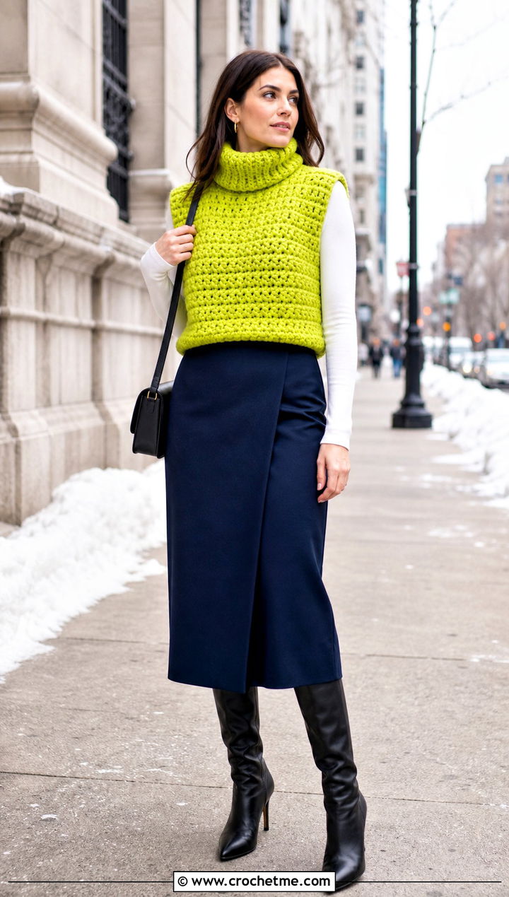 Chunky Turtleneck Crochet Vest With Midi Skirt - 35 crochet vest for women outfit ideas