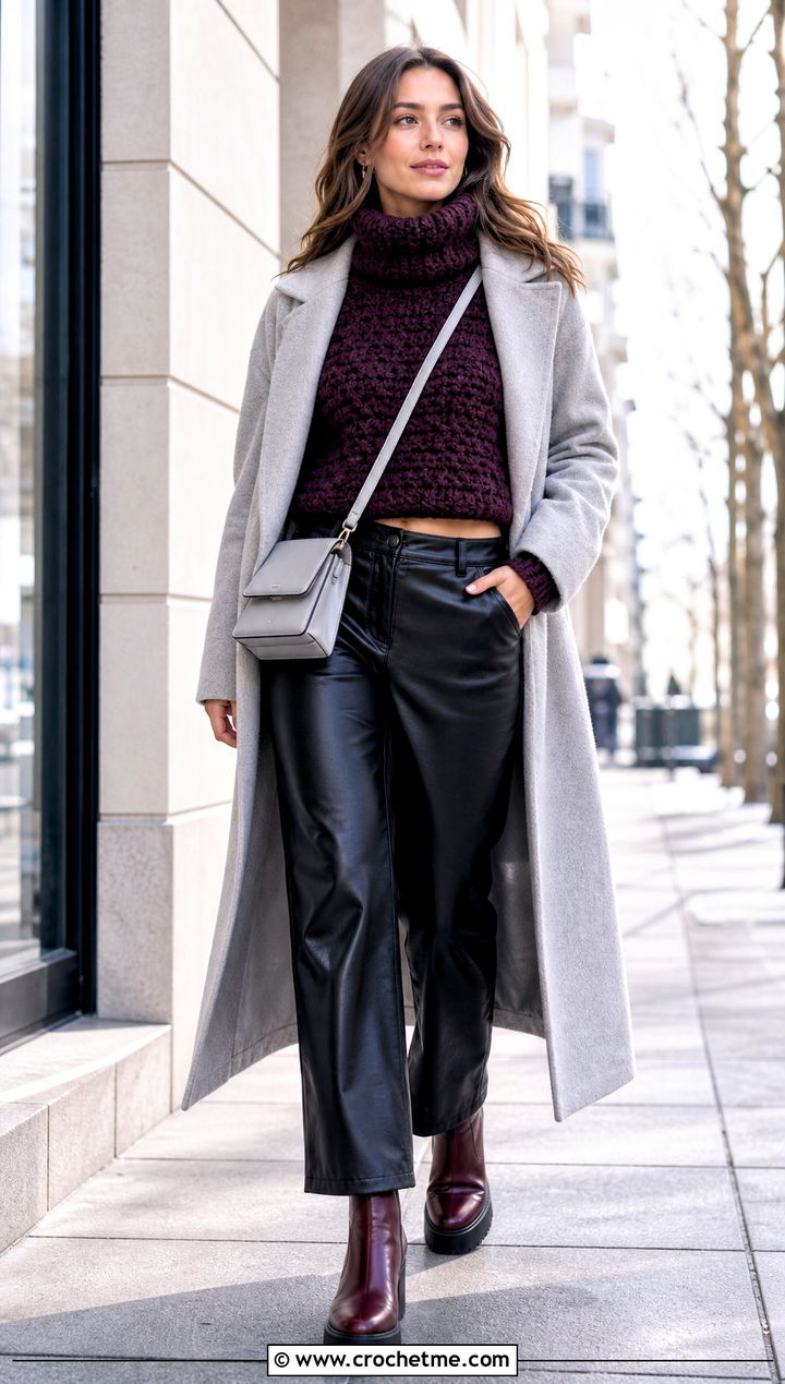 Chunky Turtleneck Cropped Crochet Sweater With Faux Leather Pants - 35 crop crochet sweater outfit ideas