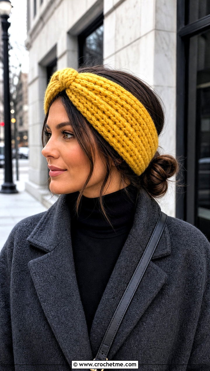Chunky Twisted Crochet Ear Warmer With Wool Coat - 30 chunky yarn crochet ear warmer outfit ideas