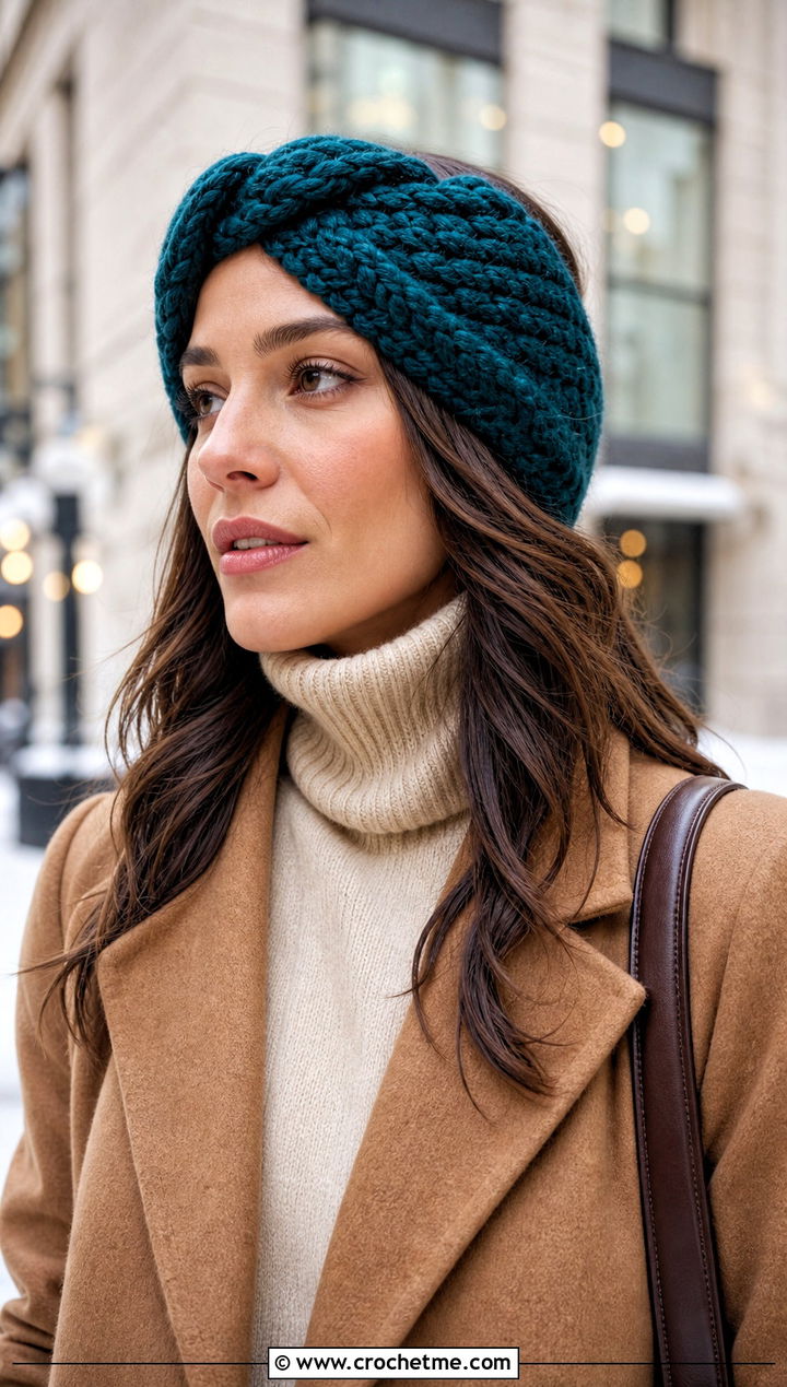 Chunky Twisted Knot Crochet Headband With Wool Coat - 15 Twisted Knot Crochet Headband outfit ideas