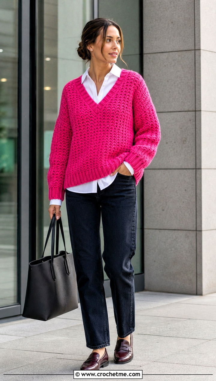 Chunky V Neck Crochet Sweater With Collared Shirt And Jeans - 25 Easy Chunky Crochet Sweater outfit ideas