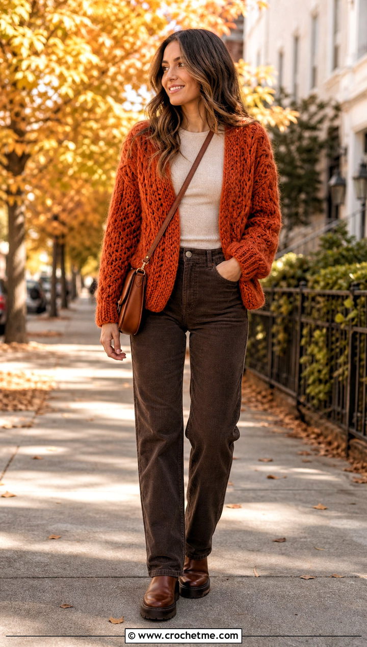 Chunky V Stitch Cardigan With Corduroy Pants - 25 Crochet V Stitch Cardigan outfit ideas
