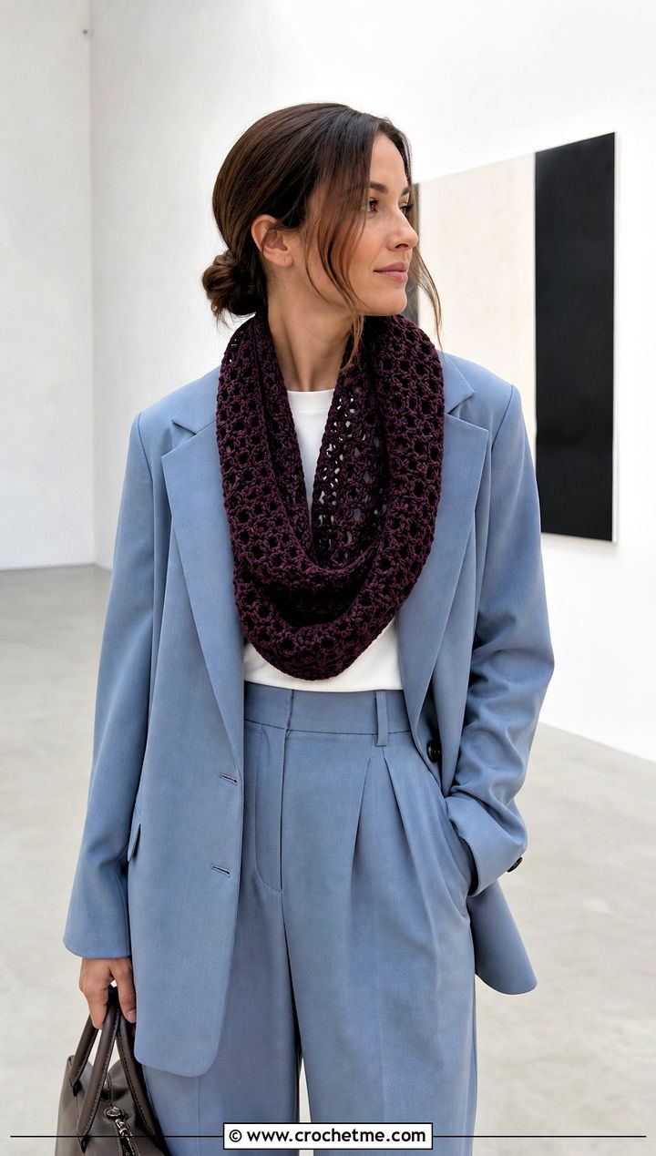 Chunky V Stitch Crochet Cowl With Pantsuit - 30 chunky crochet cowl outfit ideas