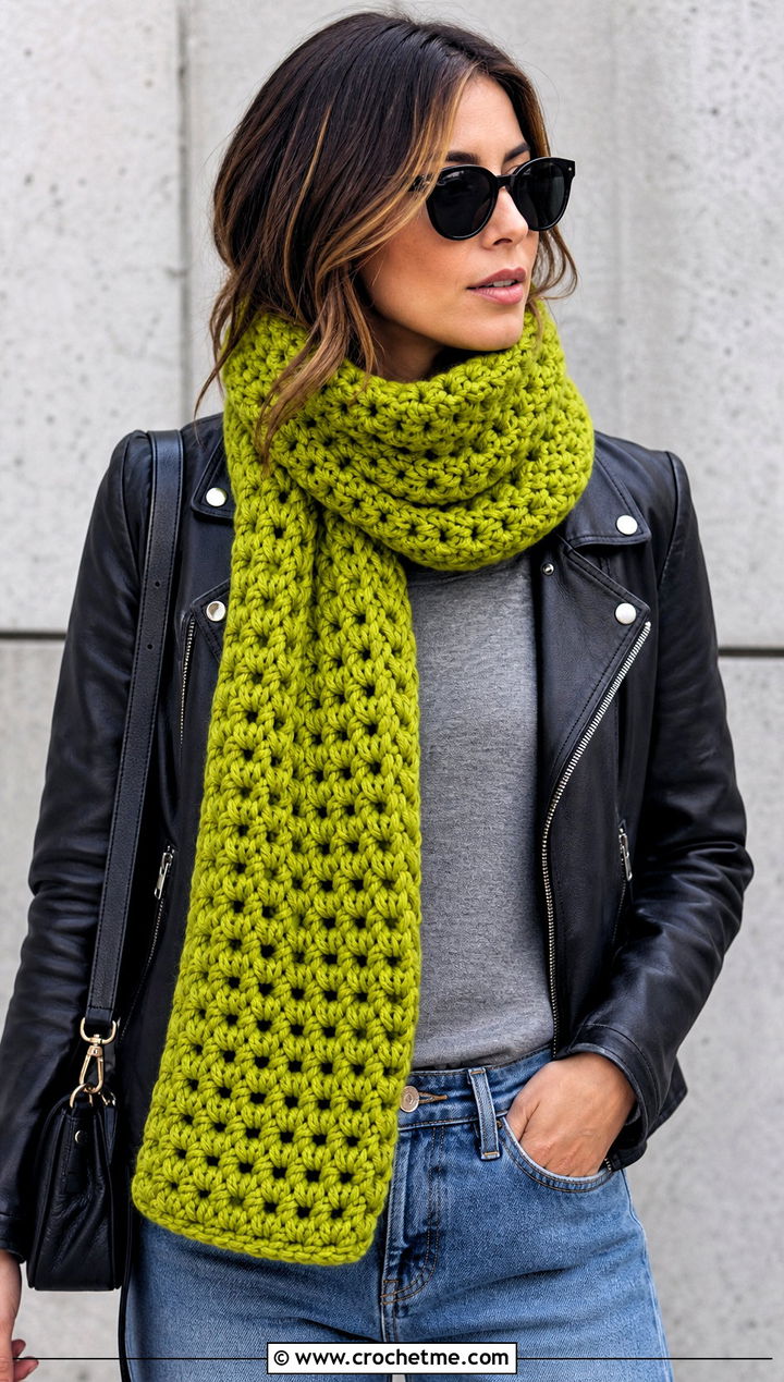 Chunky V Stitch Crochet Scarf With Leather Jacket - 25 v stitch crochet scarf outfit ideas