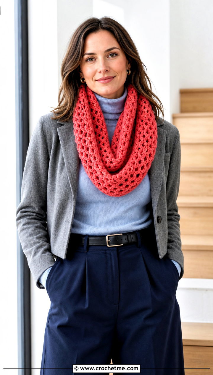Chunky V Stitch Infinity Scarf With Wide Leg Trousers - 20 Chunky Crochet Infinity Scarf outfit ideas
