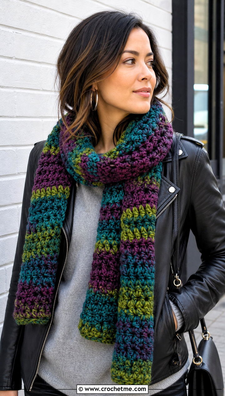Chunky Variegated Crochet Scarf With Leather Jacket - 25 Variegated Yarn Crochet Scarf outfit ideas