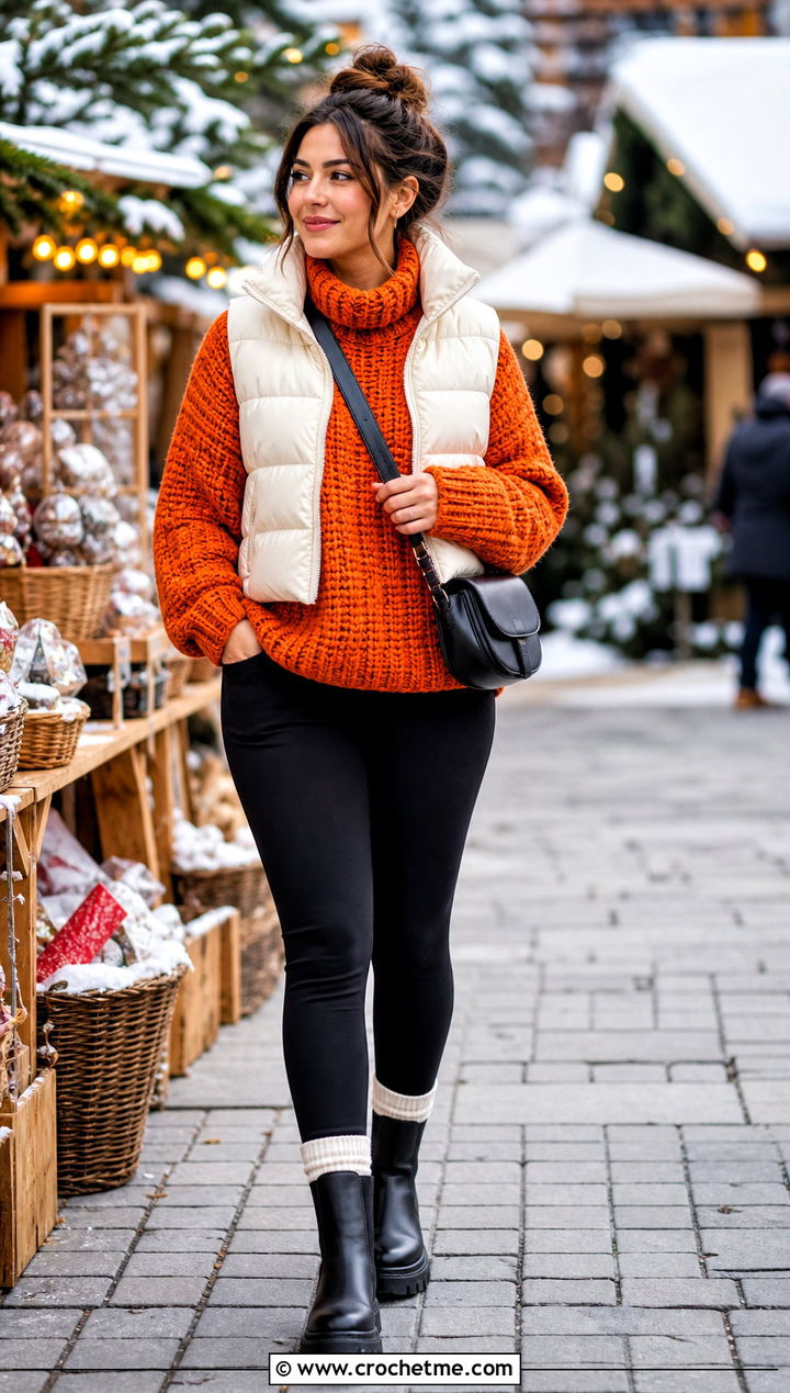 Chunky Velma Crochet Sweater With Leggings And Puffer Vest - 15 Velma Crochet Sweater outfit ideas