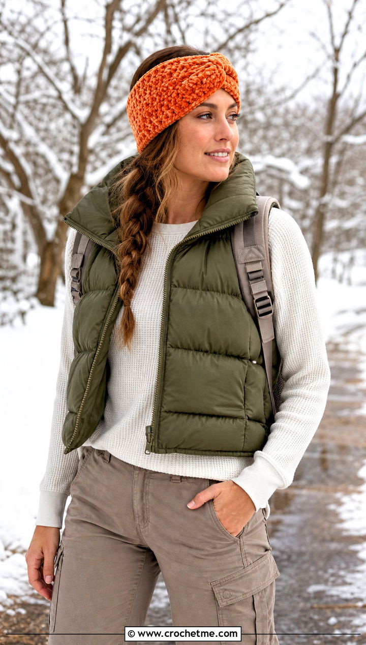 Chunky Velvet Twist Crochet Headband With Puffer Vest And Cargo Pants - 20 Velvet Twist Crochet Headband outfit ideas