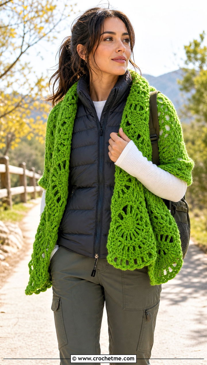 Chunky Virus Shawl With Puffer Vest - 35 crochet virus shawl outfit ideas