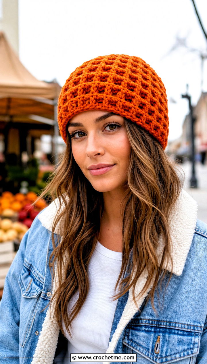 Chunky Waffle Stitch Crochet Beanie With Denim Jacket - 30 chunky yarn crochet hat outfit ideas