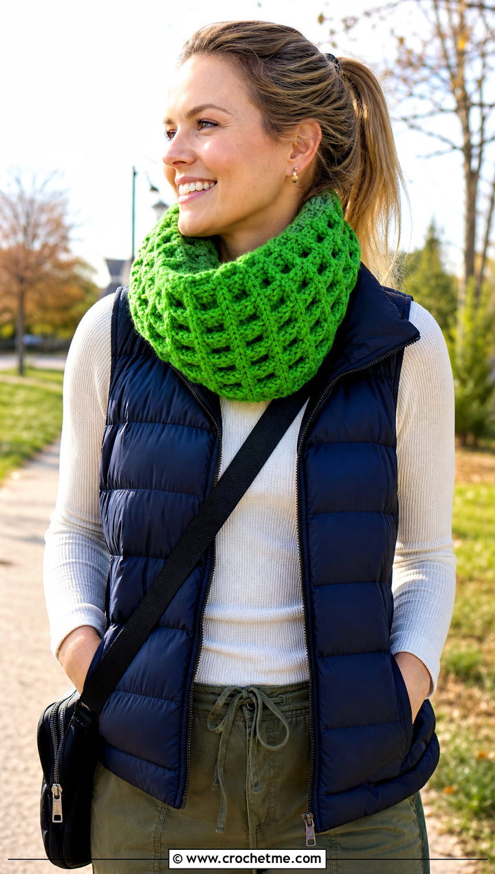 Chunky Waffle Stitch Crochet Cowl With Puffer Vest - 30 chunky crochet cowl outfit ideas
