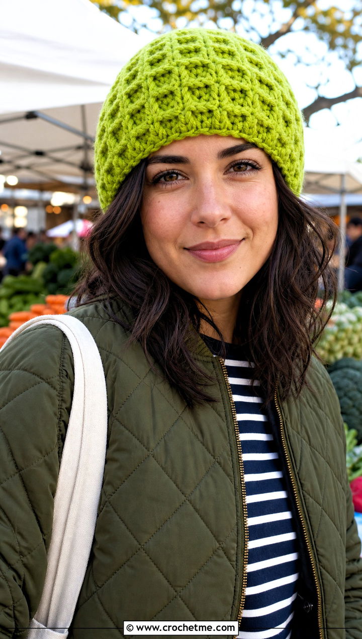 Chunky Waffle Stitch Crochet Hat With Quilted Jacket - 25 Easy Chunky Crochet Hat outfit ideas