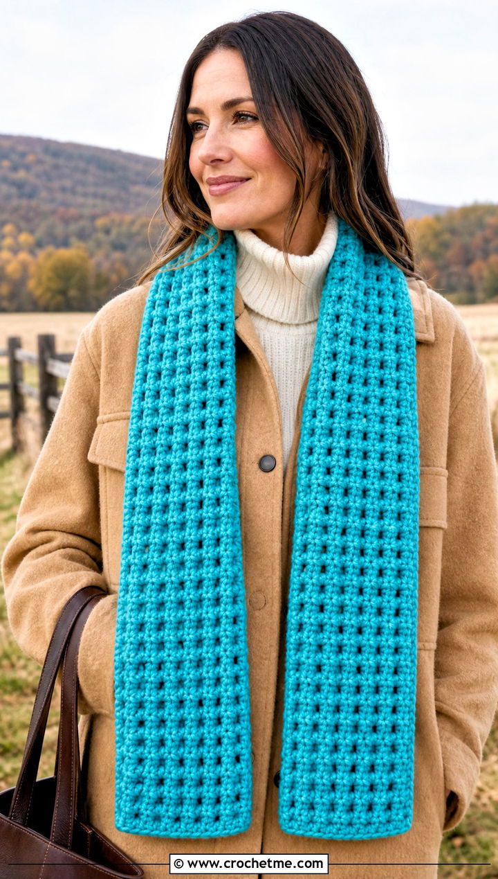 Chunky Waffle Stitch Crochet Scarf With Shacket - 25 Chunky Yarn Crochet Scarf outfit ideas