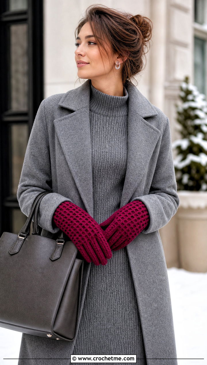 Chunky Waffle Stitch Gloves With Knit Dress - 25 Chunky Crochet Gloves outfit ideas