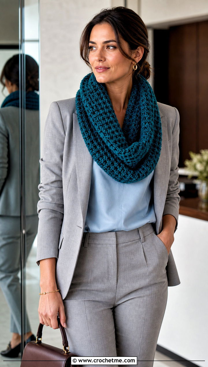 Chunky Waffle Stitch Infinity Scarf With Tailored Suit - 20 Chunky Crochet Infinity Scarf outfit ideas