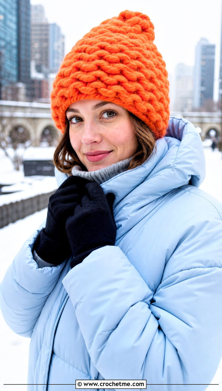 Chunky Wave Crochet Beanie With Puffer Jacket - 20 Wavy Crochet Beanie outfit ideas