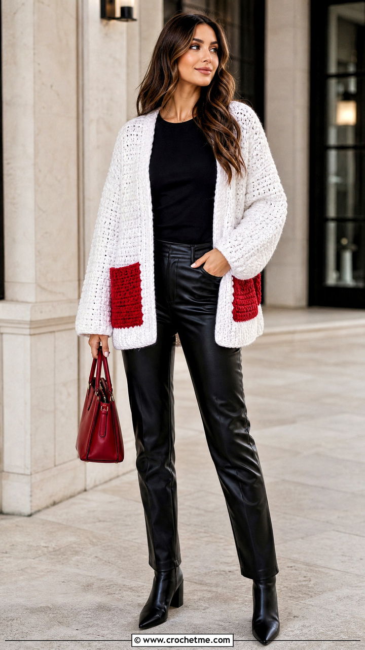 Chunky White Crochet Cardigan With Leather Pants - 35 White Crochet Cardigan Outfit ideas