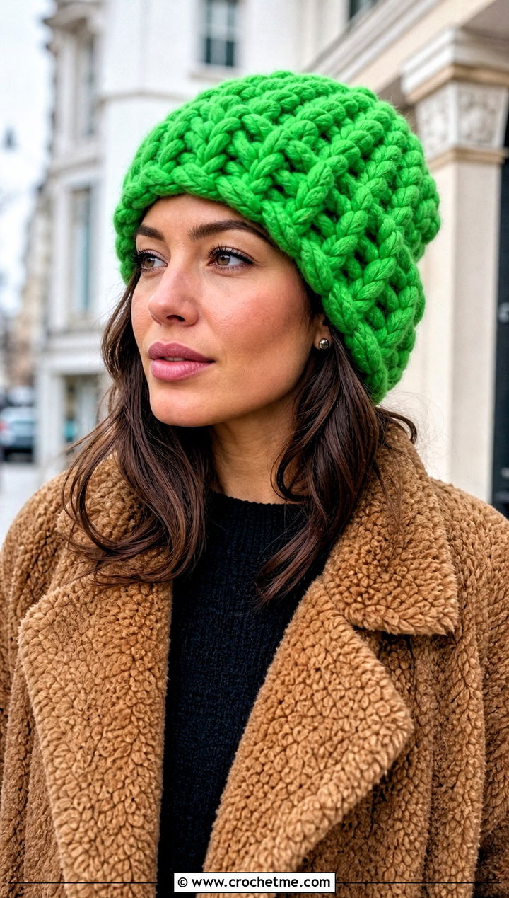 Chunky Wide Cable Crochet Beanie With Teddy Coat - 15 cabled crochet beanie design outfit ideas