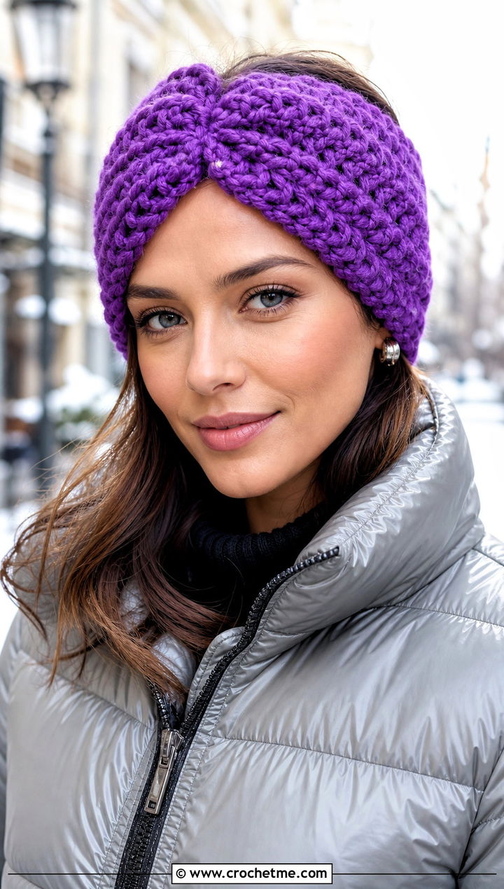 Chunky Wide Cinch Crochet Headband With Puffer Coat - 15 wide cinch crochet headband outfit ideas