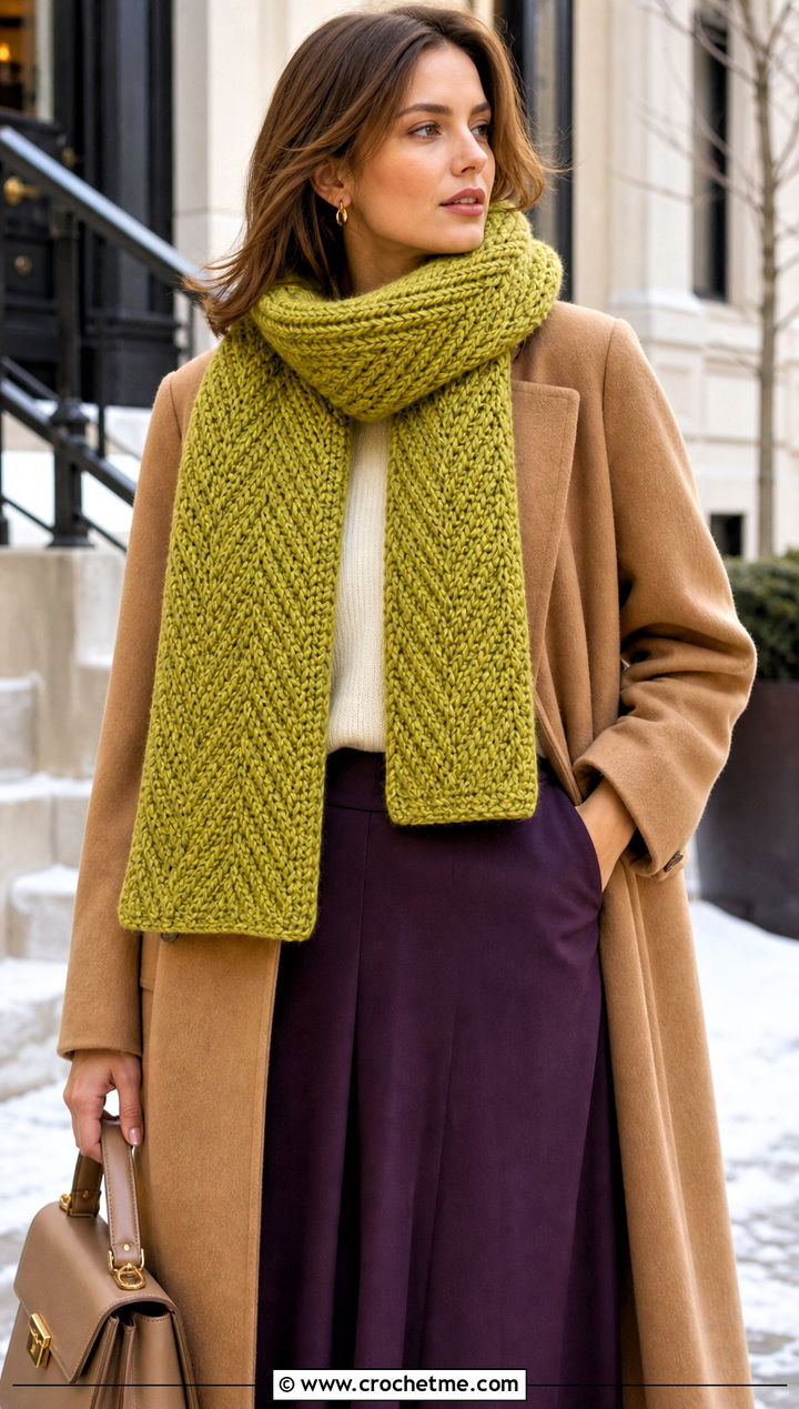 Chunky Wide Herringbone Crochet Scarf With Wool Coat - 15 Herringbone Crochet Scarf outfit ideas