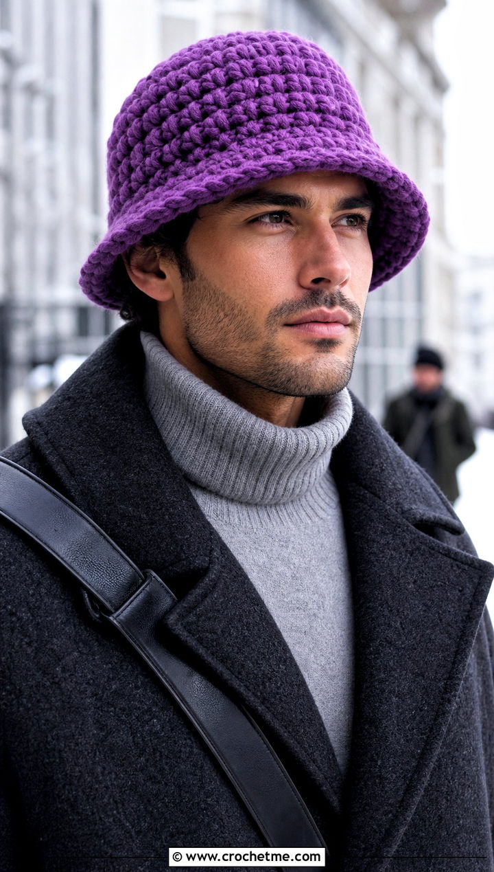 Chunky Wool Crochet Bucket Hat With Overcoat And Turtleneck - 15 men's crochet bucket hat outfit ideas