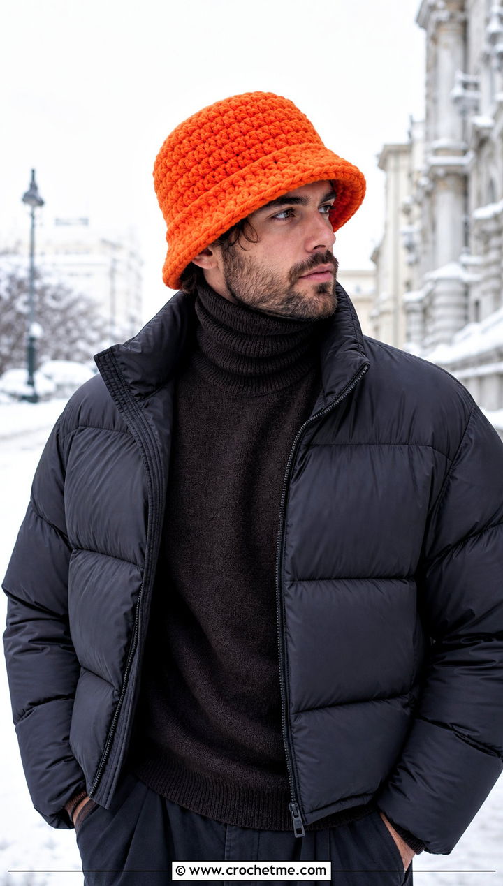 Chunky Wool Crochet Bucket Hat With Puffer Jacket - 15 mens crochet bucket hat outfit ideas