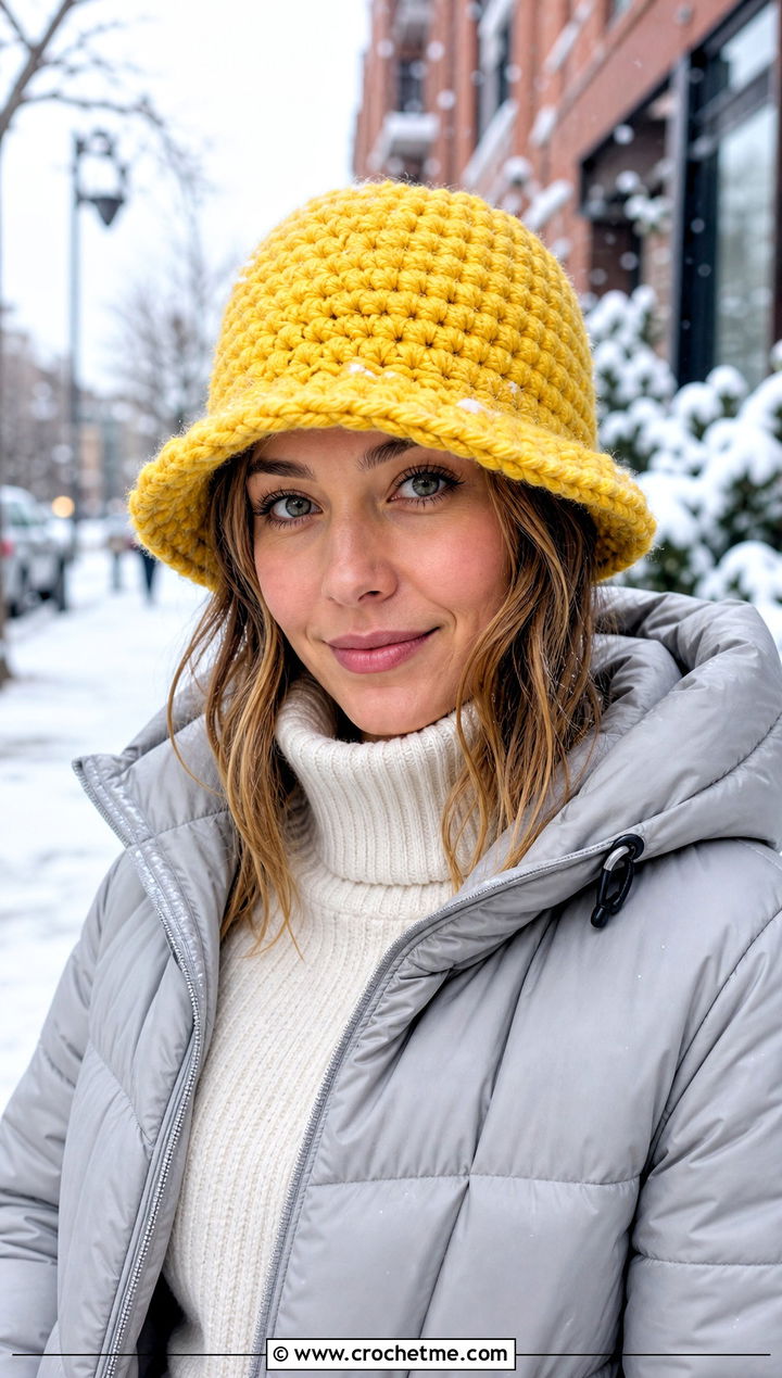 Chunky Wool Crochet Bucket Hat With Puffer Jacket - 35 crochet winter bucket hat outfit ideas